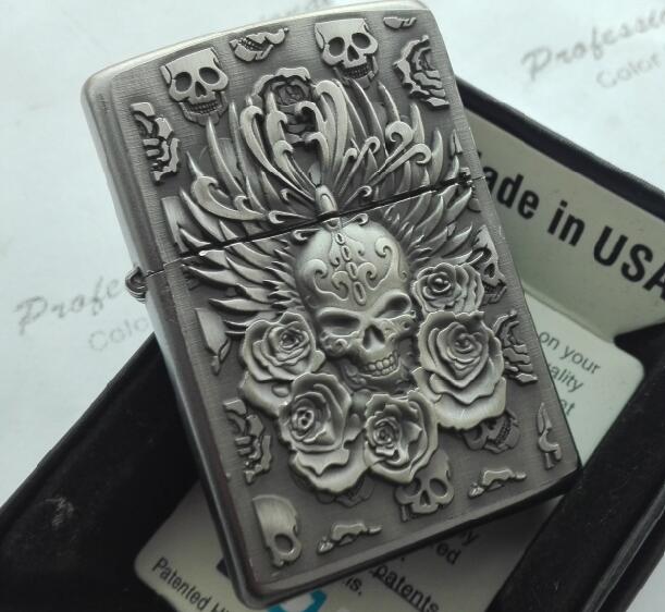 Outdoor travel wind kerosene metal lighters The flowers in the skull