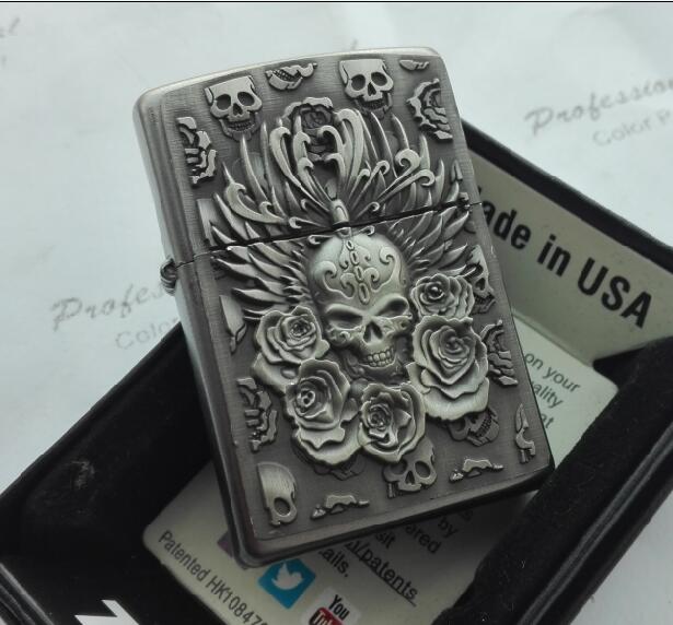 Outdoor travel wind kerosene metal lighters The flowers in the skull