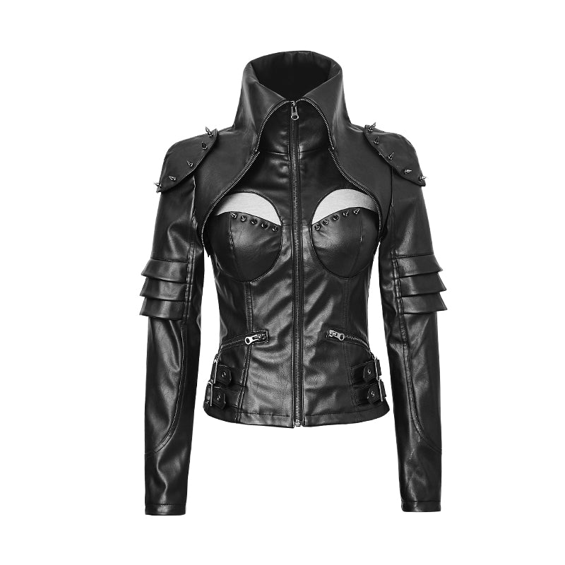 Punk Rivet Studded Sexy Woman High Collar Tight Leather Jacket Turtleneck Gothic Black Short Jackets Coat Halloween