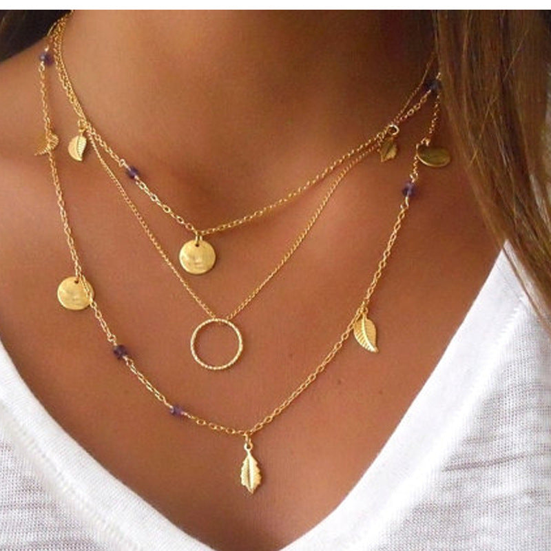Silver Color Chain Leaves Multi Layer Choker Necklace  for Women Collier Femme Fashion Jewelry Gold Color