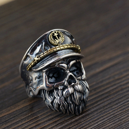 Real 925 Sterling Silver Skull Ring Men Adjustable Pirate Captain Vintage Punk Rock Skeletons Mens Gothic Jewelry