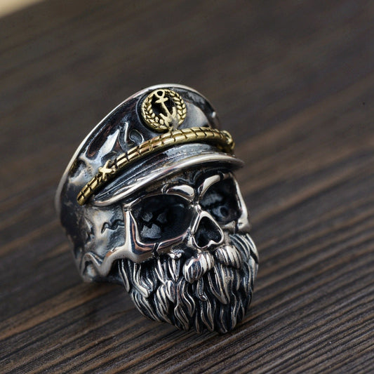 Real 925 Sterling Silver Skull Ring Men Adjustable Pirate Captain Vintage Punk Rock Skeletons Mens Gothic Jewelry