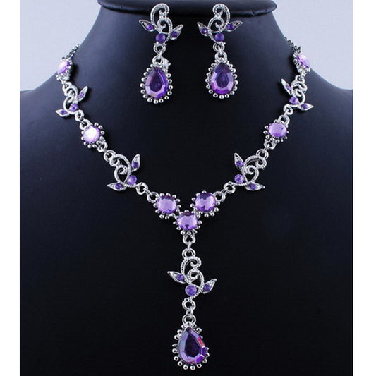 Pink Top Purple Crystal Vintage Jewelry Sets Necklace Earrings Bridal Wedding Engagement Jewelry Accessories Crystal Sets