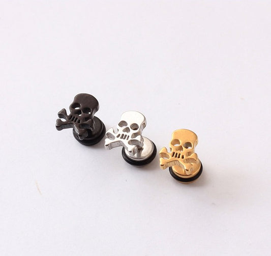 Pirate Skull Skeleton Silver Black Gold titanium steel Men Screw pierced stud earrings 2pcs