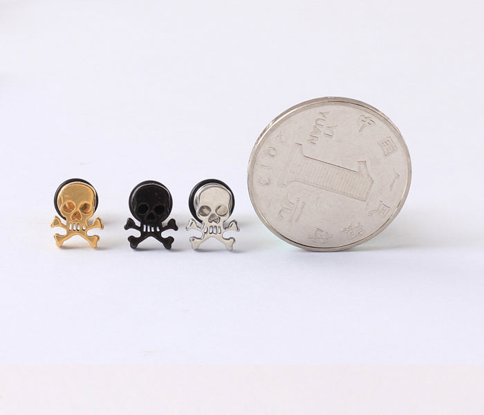 Pirate Skull Skeleton Silver Black Gold titanium steel Men Screw pierced stud earrings 2pcs