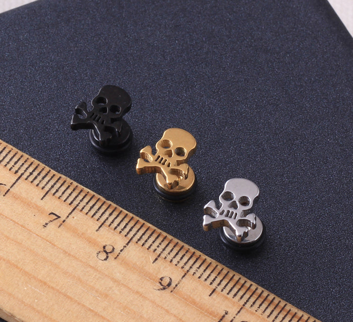 Pirate Skull Skeleton Silver Black Gold titanium steel Men Screw pierced stud earrings 2pcs