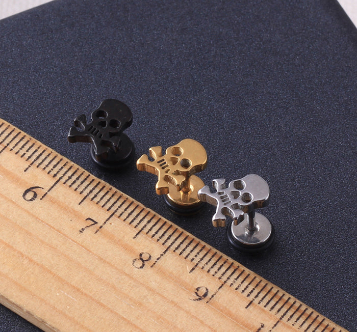 Pirate Skull Skeleton Silver Black Gold titanium steel Men Screw pierced stud earrings 2pcs