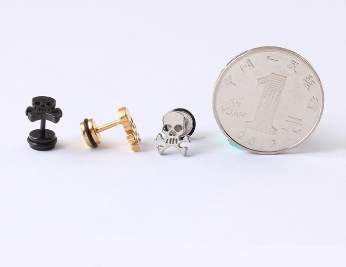 Pirate Skull Skeleton Silver Black Gold titanium steel Men Screw pierced stud earrings 2pcs