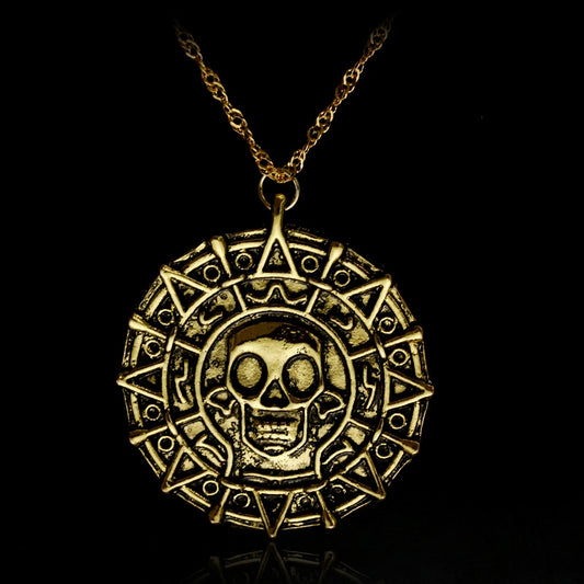 Pirates Of The Caribbean Necklace Aztec Skeleton Skull Heads Pendant Gold/Bronze Plated Vintage Men Statement Necklace Gifts