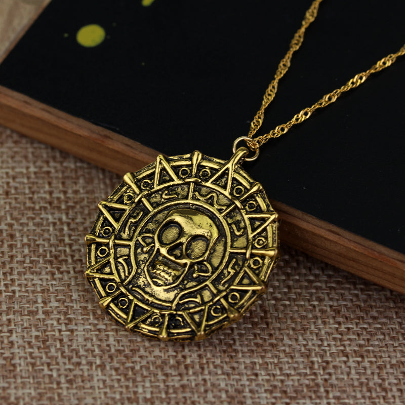 Pirates Of The Caribbean Necklace Aztec Skeleton Skull Heads Pendant Gold/Bronze Plated Vintage Men Statement Necklace Gifts