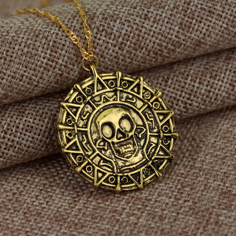 Pirates Of The Caribbean Necklace Aztec Skeleton Skull Heads Pendant Gold/Bronze Plated Vintage Men Statement Necklace Gifts
