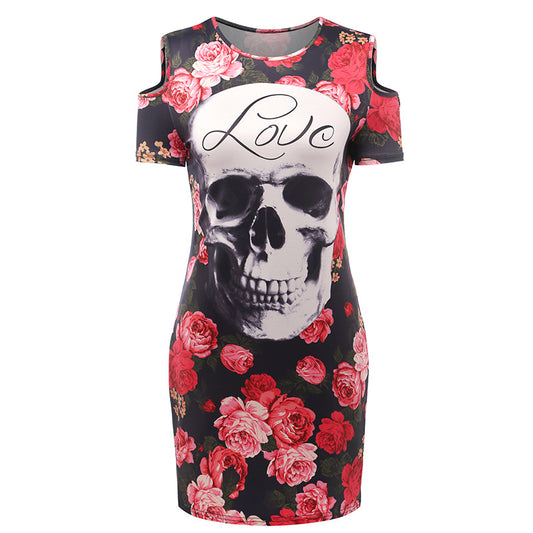 Print Skull Love Red Flower Floral Dress Women Sexy Sheath Short Sleeve Wrap Bodycon Dress Casual Mini T Shirt Summer Dress