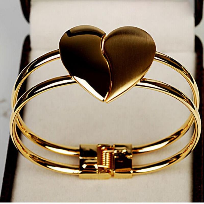 New Crystal Charm Heart Bangle Gold Color Love Bracelets Bangles for Women Fashion Cuff Bracelets