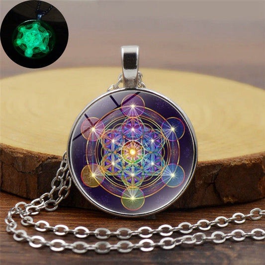 Psychedelic Sacred Geometry Luminous Necklace Glass Cabochon Pendant Silver Chain Necklace Women Glow In The Dark Jewelry