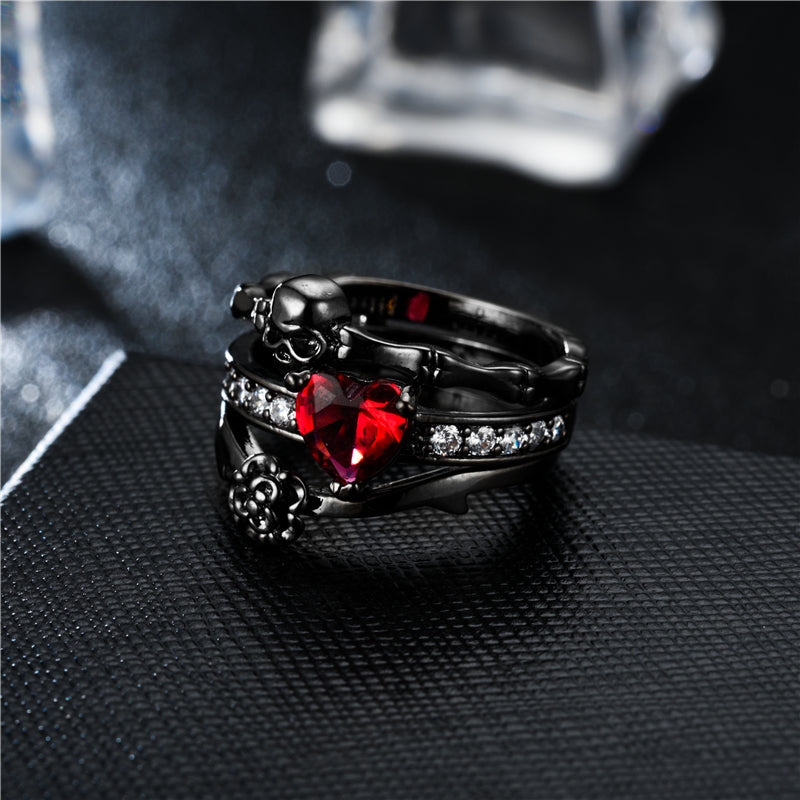 Punk Black Skull Ring Red crystal Women's Ring Wedding Jewelry