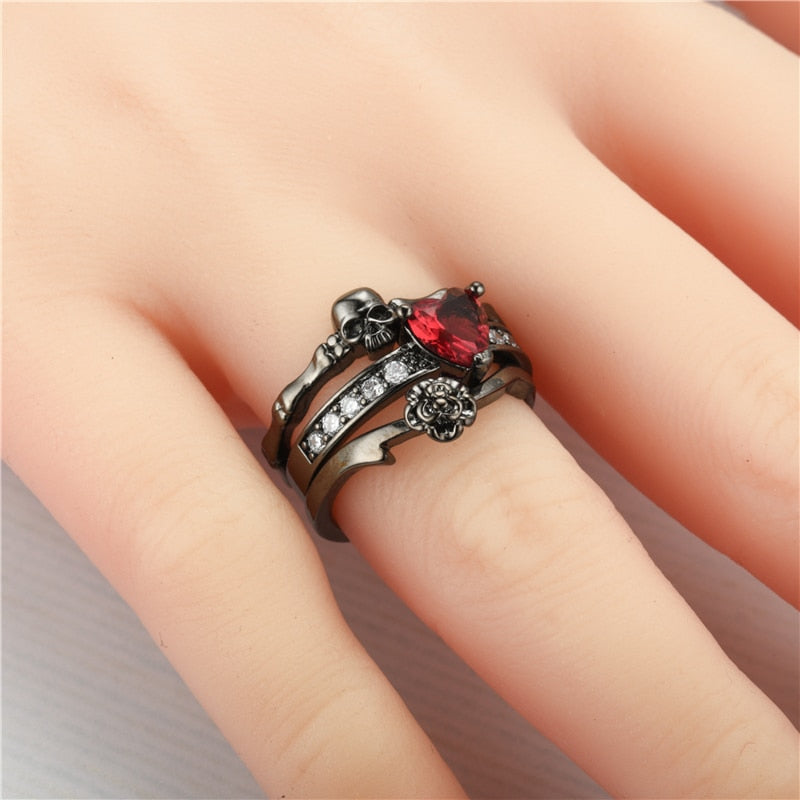 Punk Black Skull Ring Red crystal Women's Ring Wedding Jewelry