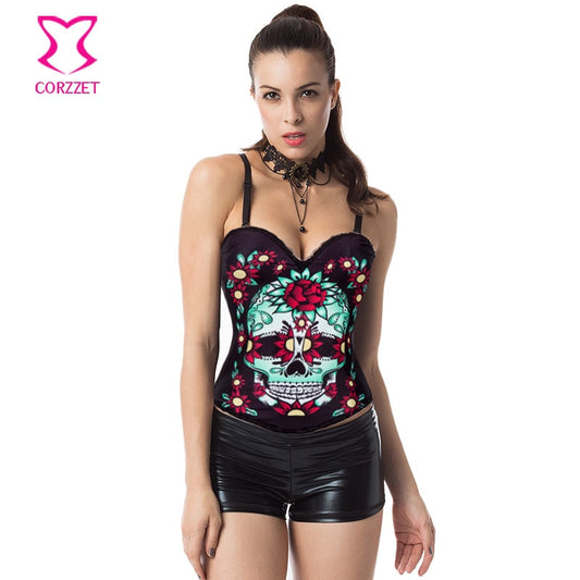 Cotton Printing Floral Skull Corset Gothic