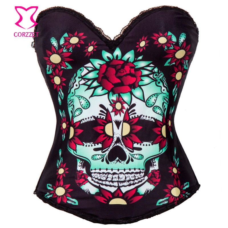 Cotton Printing Floral Skull Corset Gothic