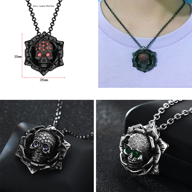 Punk Skull Rose Zircon Crystals Pendant Necklace Black Necklaces Birthday Wedding Gift Jewelry