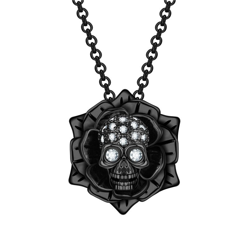 Punk Skull Rose Zircon Crystals Pendant Necklace Black Necklaces Birthday Wedding Gift Jewelry