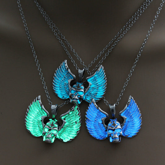 Punk Style Skull Pendant Necklace Luminous Jewelry Wings Necklace Glowing In The Dark For Women Gift Fashion 3 Colors