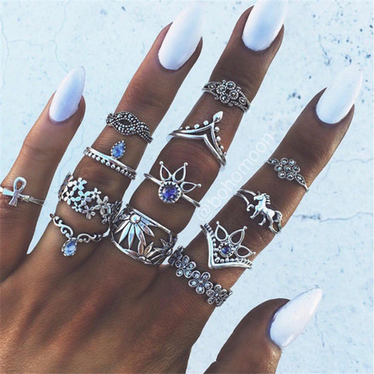 7 Style Vintage Knuckle Rings for Women Boho Geometric Flower Crystal Ring Set Bohemian Midi Finger Jewelry Bague Femme