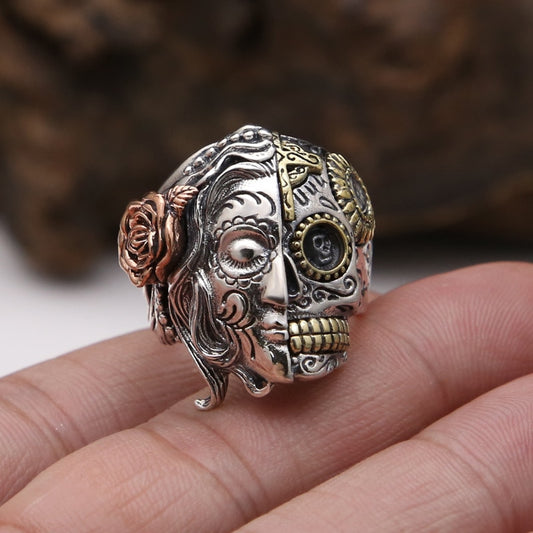 Real Pure 925 Sterling Silver Double Face Skull Ring With Rose Flower Carving Vintage Punk Thai Silver Jewelry Personality
