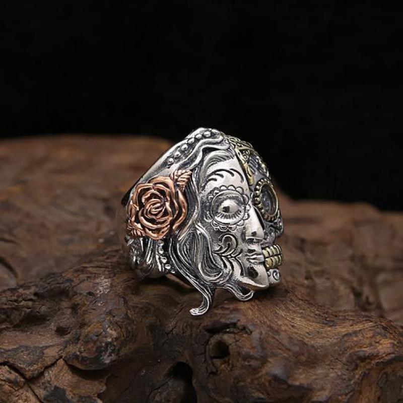 Real Pure 925 Sterling Silver Double Face Skull Ring With Rose Flower Carving Vintage Punk Thai Silver Jewelry Personality
