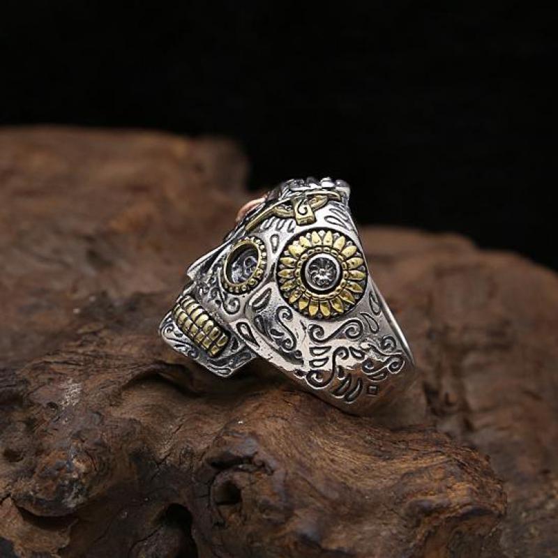 Real Pure 925 Sterling Silver Double Face Skull Ring With Rose Flower Carving Vintage Punk Thai Silver Jewelry Personality