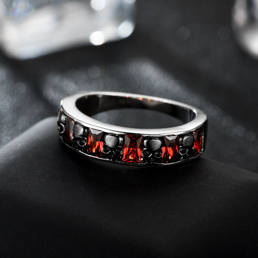 Red crystal  Zircon Skull Ring Black  Women's Wedding Ring Punk Jewelry