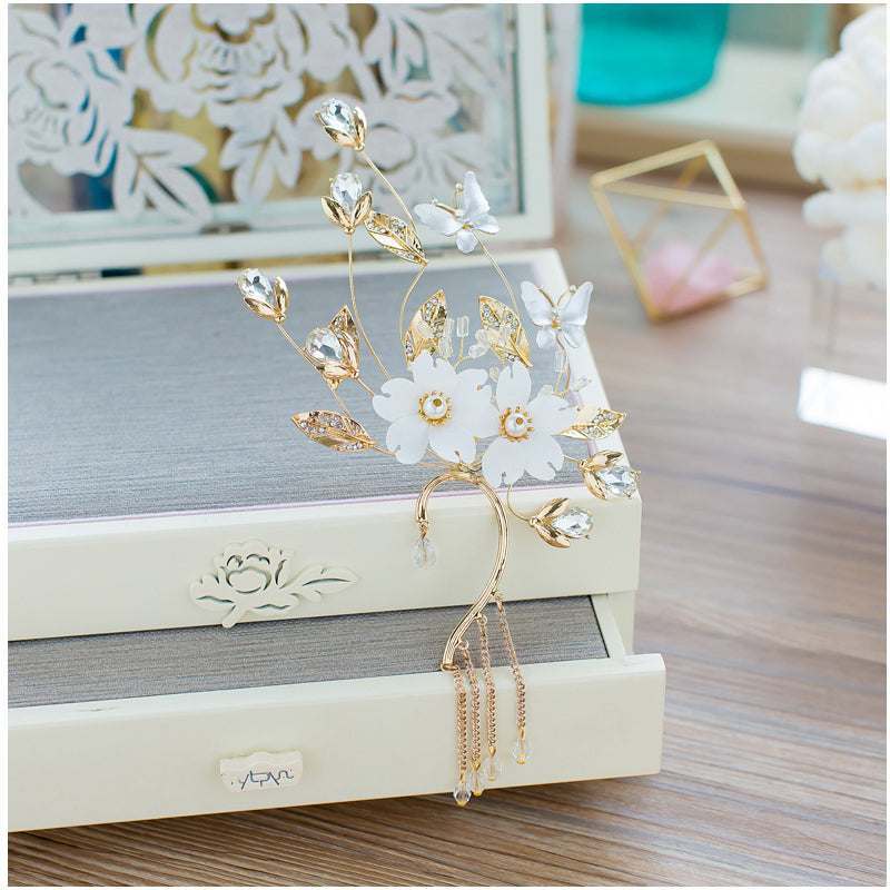 Rhinestone Simulated-pearl Earrings for Women Earring Jacket Jewelry White Yarn Flower Tassels Fashion Wedding Gifts