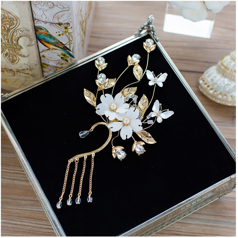 Rhinestone Simulated-pearl Earrings for Women Earring Jacket Jewelry White Yarn Flower Tassels Fashion Wedding Gifts