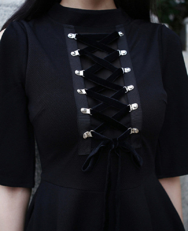 Ribbon Decorated Gothic Women Black Dress Japanese Harajuku Punk Cross Straps Tie Slim A Line Dress