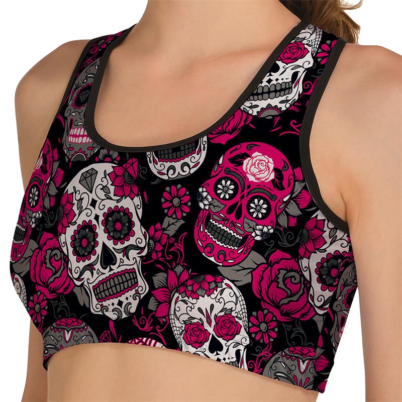 Rose Red Sexy Sports Bras Women Padded Wireless Crop Top Exercise Tank Top Skulls Breathable Shakeproof Lady Gym Underwear S-M