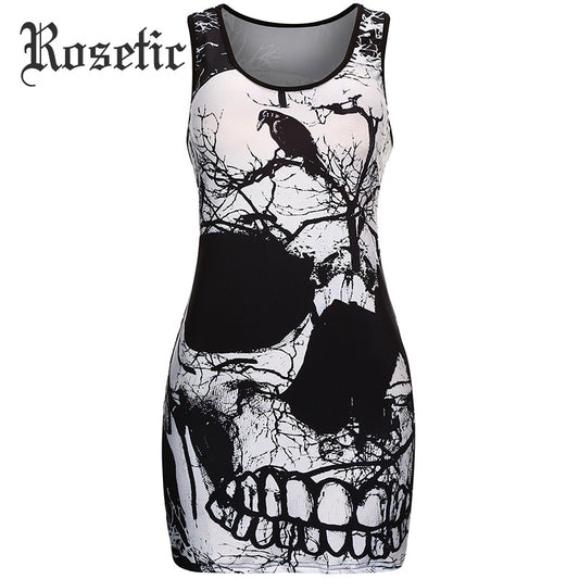 Rosetic Gothic Black Sleeveless Bodycon Dress 2018 Women Summer Causal Dress Skull Print Dress Street Slim Sexy Bodycon Dresses