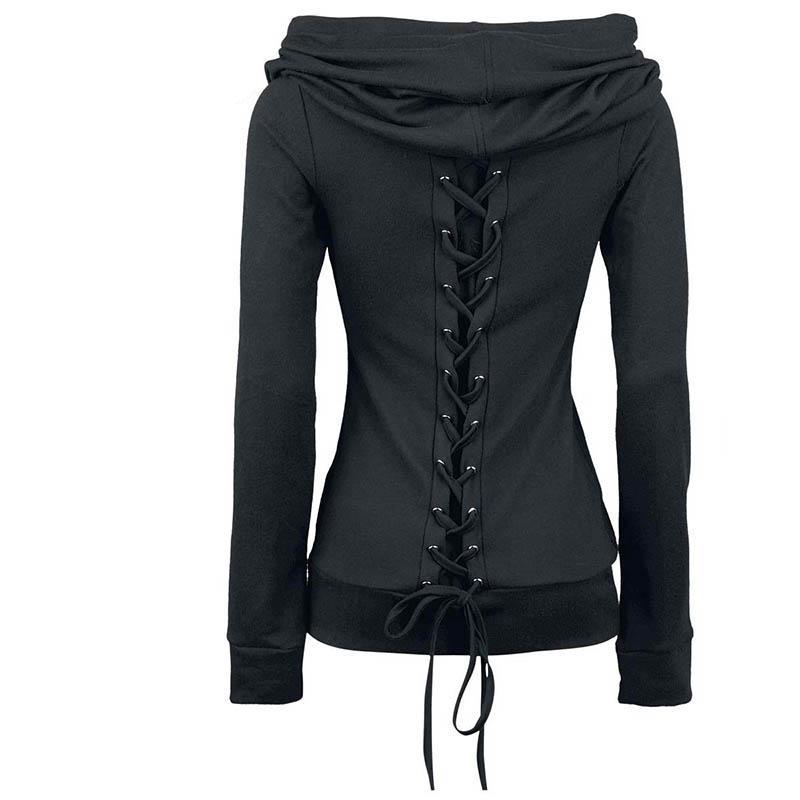 Gothic Lace-up Black Full Sleeve Autumn Women Hoodie Fashion Bandage Casual Blouse Hoodies