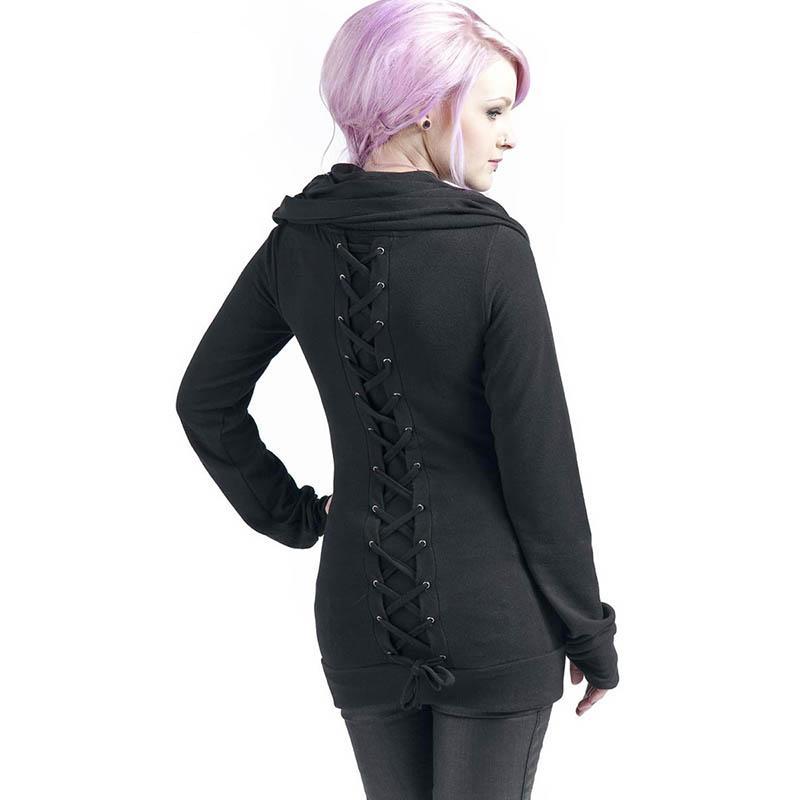 Gothic Lace-up Black Full Sleeve Autumn Women Hoodie Fashion Bandage Casual Blouse Hoodies