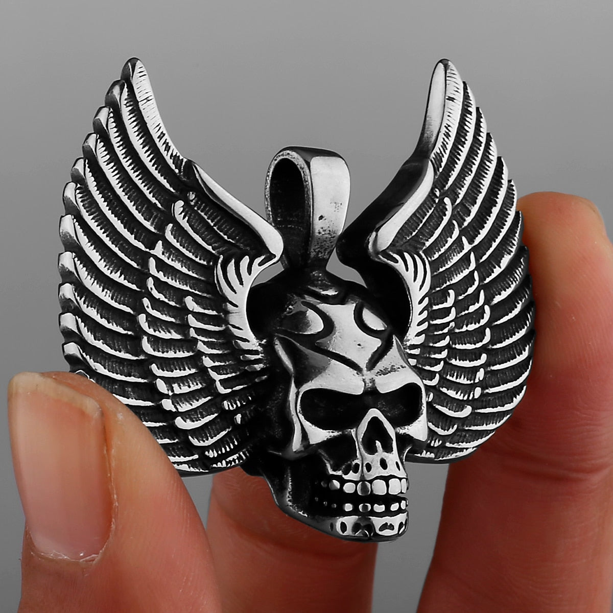 Angel Wings Skull Pendant Ghost Head Necklace for Men High Quality Punk Charm Stainless Steel Necklace Boyfriend Jewelry As Gift