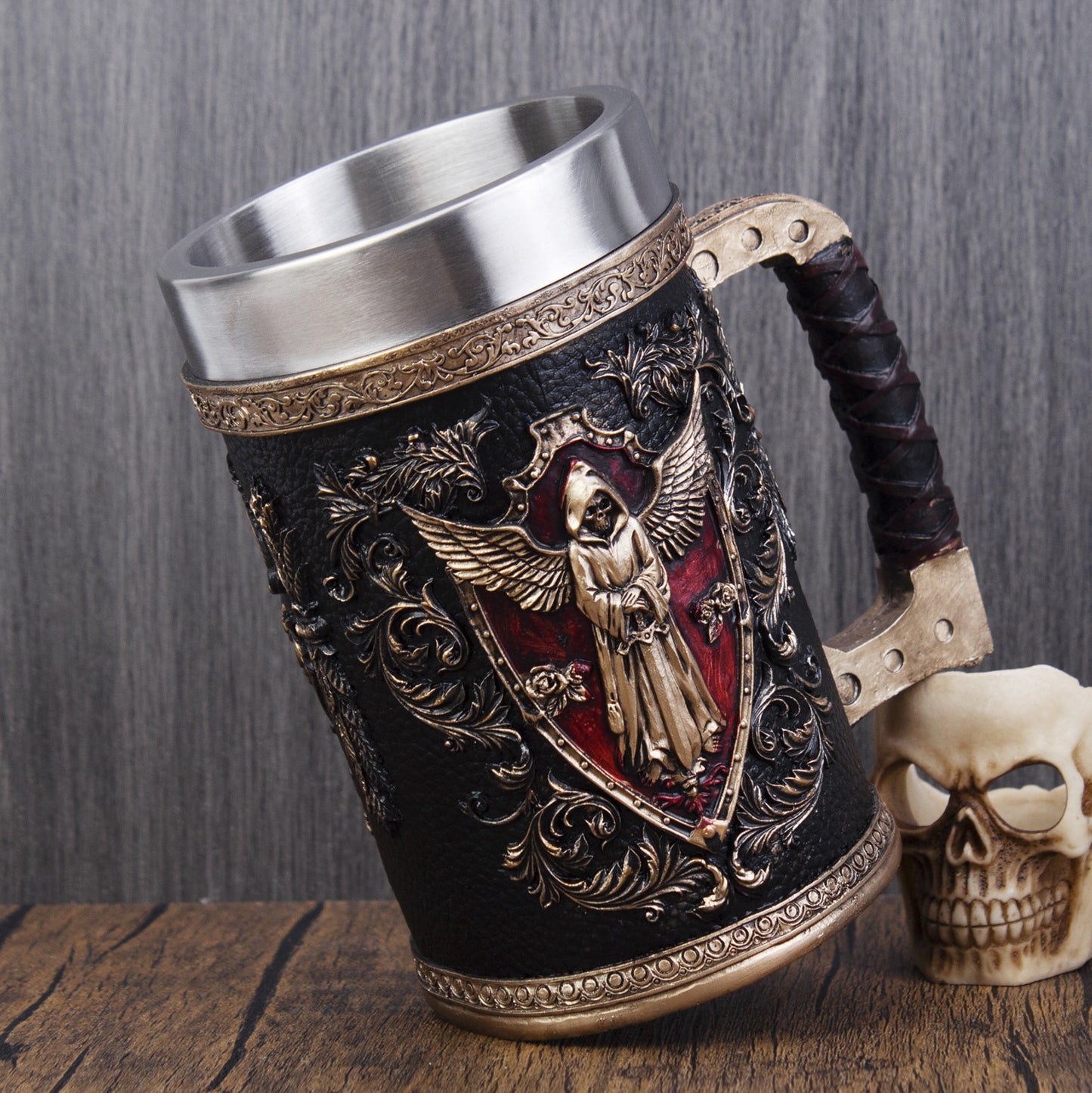 Wing Sword Shield Skull Cup Stainless Steel 3D Grim Reaper Mugs for Retro Beer Coffee Mug