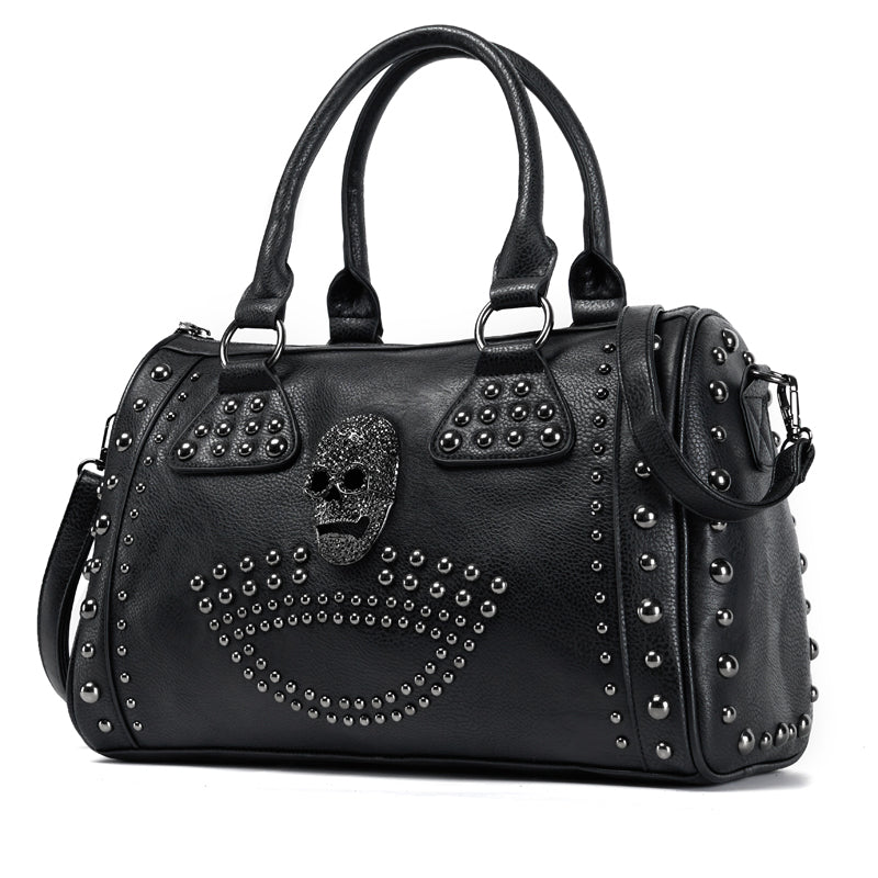 Gothic Women's Bag Trend Large Capacity Boston Bag Black Skull Handbag Luxury Pu Leather Tote Bag Rivet Crossbody Purse