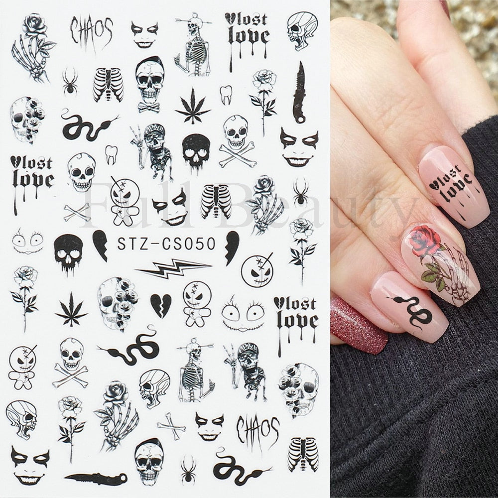 3D Halloween Nail Art Stickers Sugar Skull Sliders For Nails