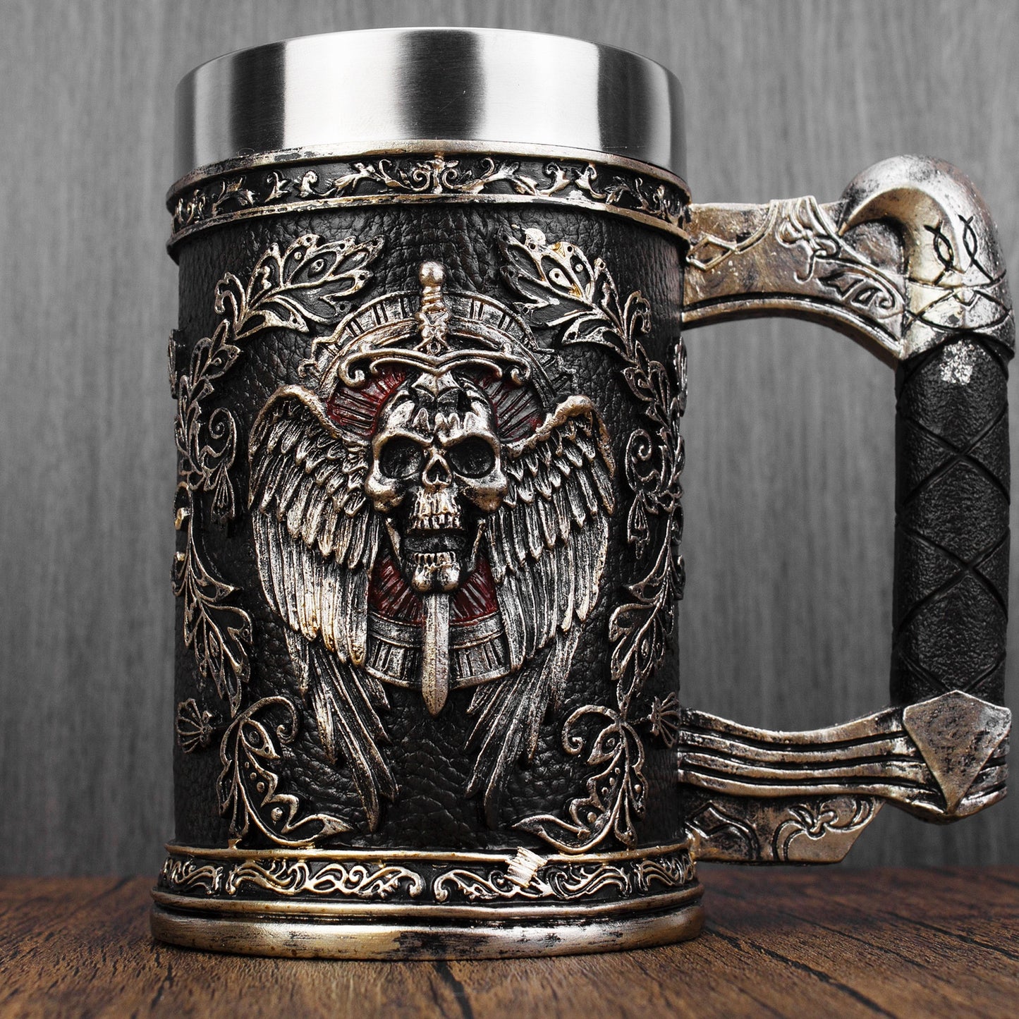 Wing Sword Shield Skull Cup Stainless Steel 3D Grim Reaper Mugs for Retro Beer Coffee Mug