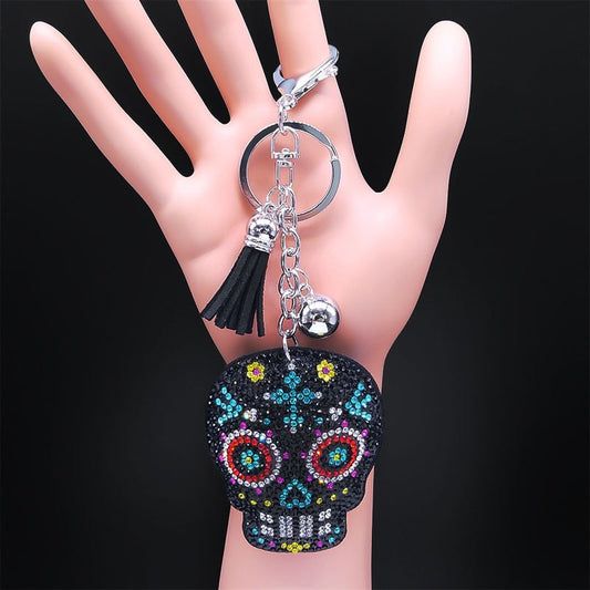 Death Skull Skeleton Tassel Key Ring Bag Accessories Crystal Rhinestone Alloy Keychain