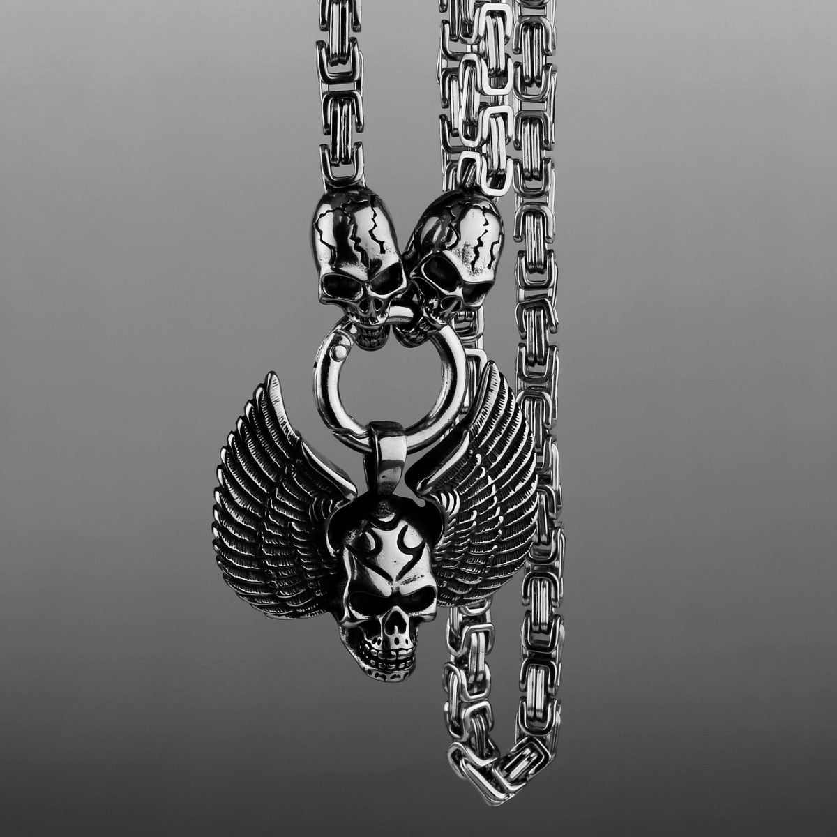 Angel Wings Skull Pendant Ghost Head Necklace for Men High Quality Punk Charm Stainless Steel Necklace Boyfriend Jewelry As Gift