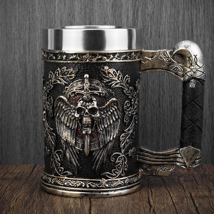 Wing Sword Shield Skull Cup Stainless Steel 3D Grim Reaper Mugs for Retro Beer Coffee Mug
