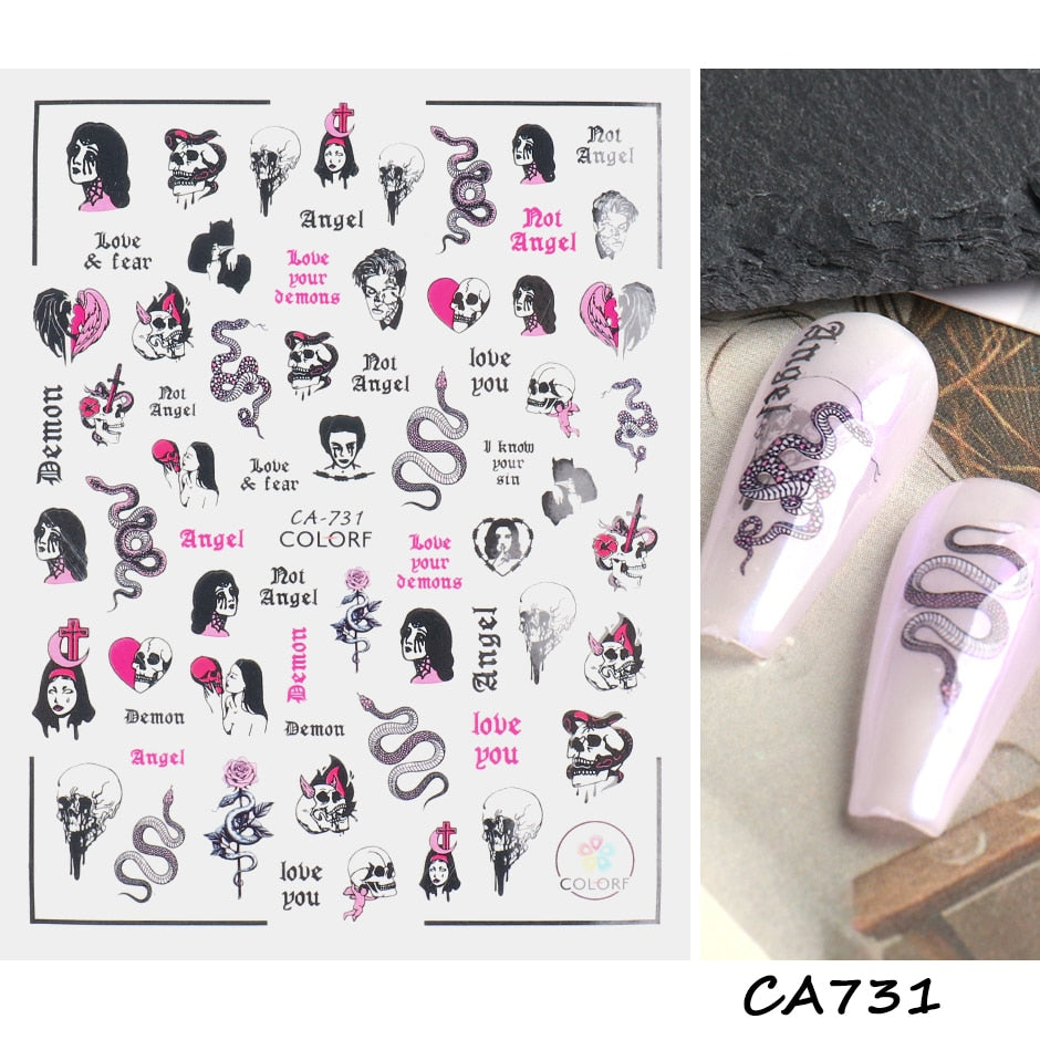 3D Halloween Nail Art Stickers Sugar Skull Sliders For Nails