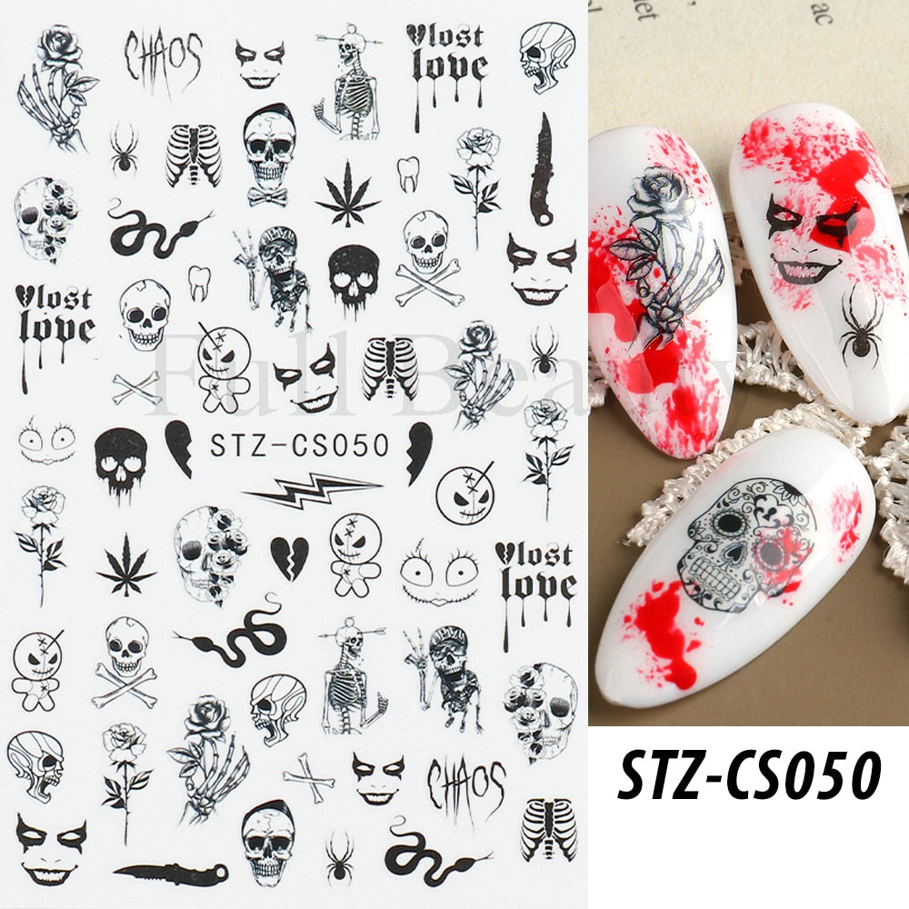 3D Halloween Nail Art Stickers Sugar Skull Sliders For Nails