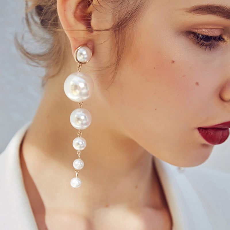 Trendy Elegant Created Big Simulated Pearl Long Earrings Pearls String Statement Dangle Earrings For Wedding Party Gift