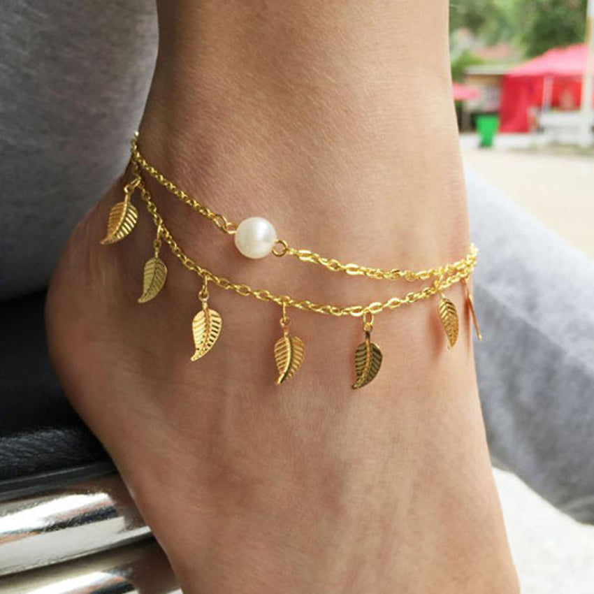 Vintage Anklets For Women Fashion Anklet Gold  Leaf Peal Decoration Bracelet Beach Foot Jewelry #0