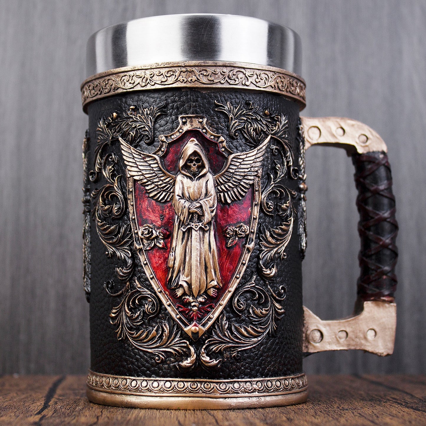 Wing Sword Shield Skull Cup Stainless Steel 3D Grim Reaper Mugs for Retro Beer Coffee Mug